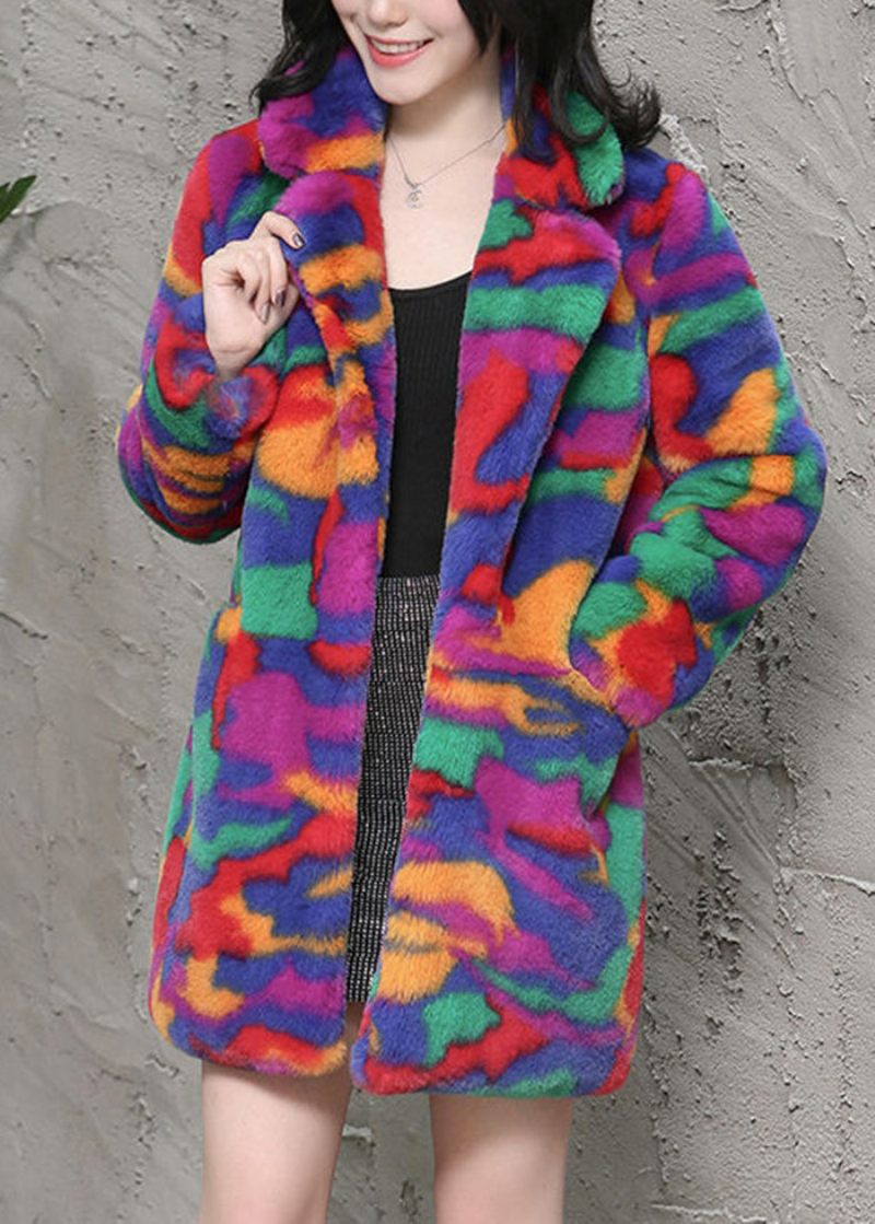 Bohemian Multicolor Oversized Tie Dye Faux Fur Jakker Vinter - Dame vinterfrakker