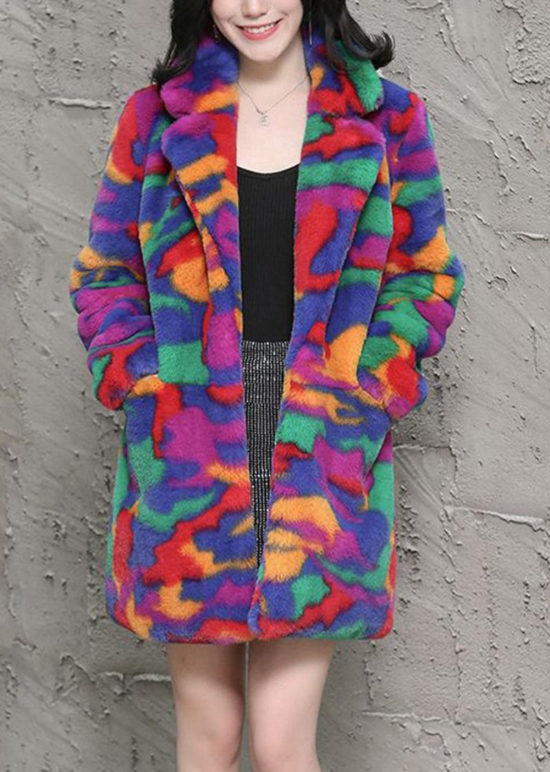 Bohemian Multicolor Oversized Tie Dye Faux Fur Jakker Vinter - Dame vinterfrakker