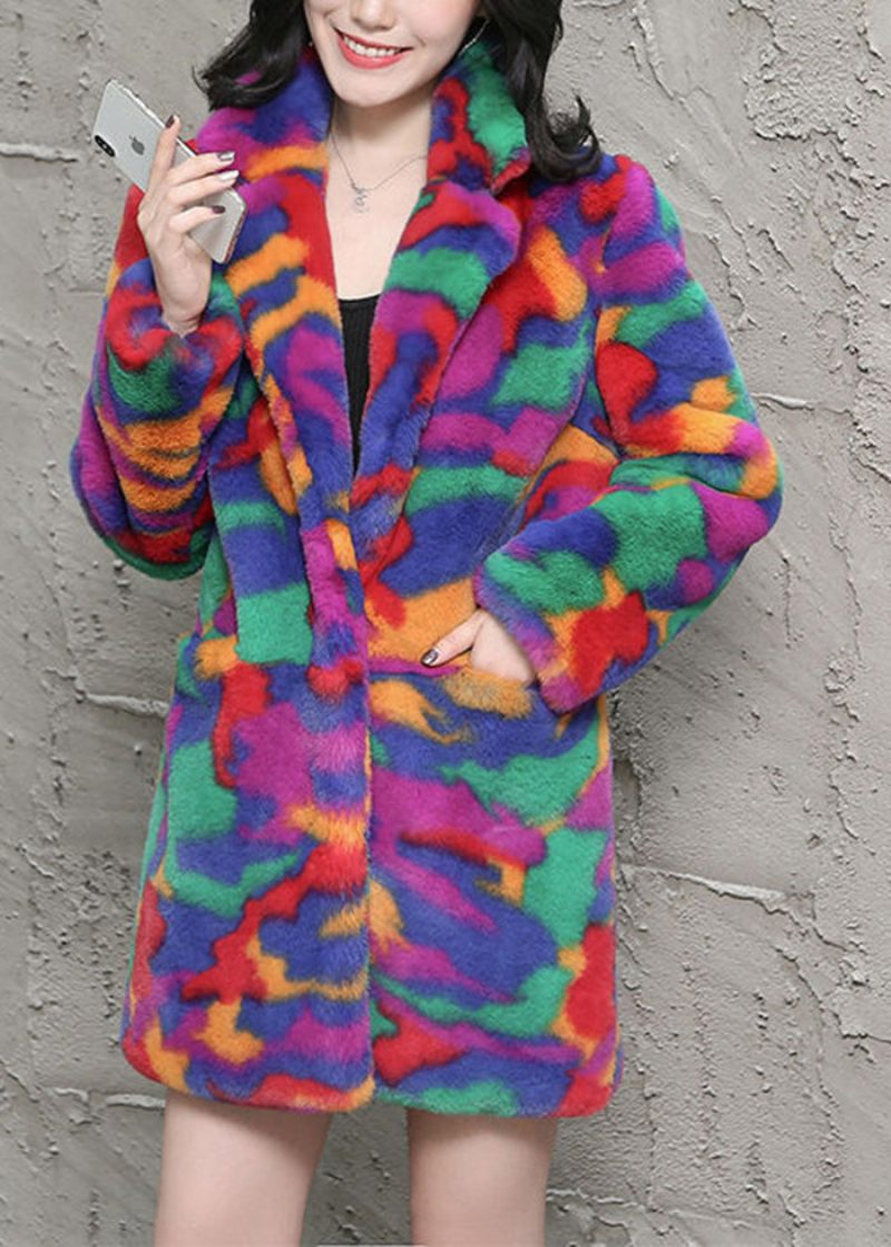 Bohemian Multicolor Oversized Tie Dye Faux Fur Jakker Vinter - Dame vinterfrakker