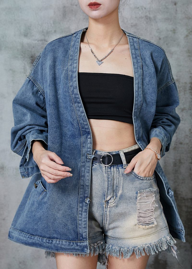 Bohemian Navy Oversized Denimfrakker Med Kinesisk Knap Forår