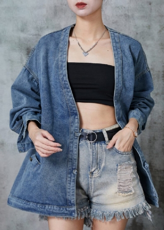 Bohemian Navy Oversized Denimfrakker Med Kinesisk Knap Forår