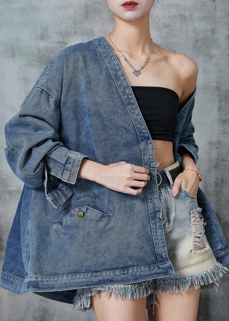 Bohemian Navy Oversized Denimfrakker Med Kinesisk Knap Forår - Dame vinterfrakker