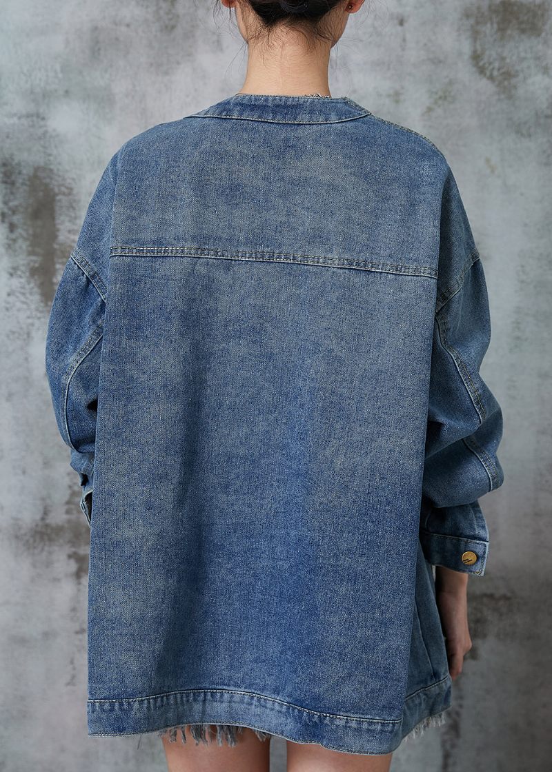 Bohemian Navy Oversized Denimfrakker Med Kinesisk Knap Forår - Dame vinterfrakker