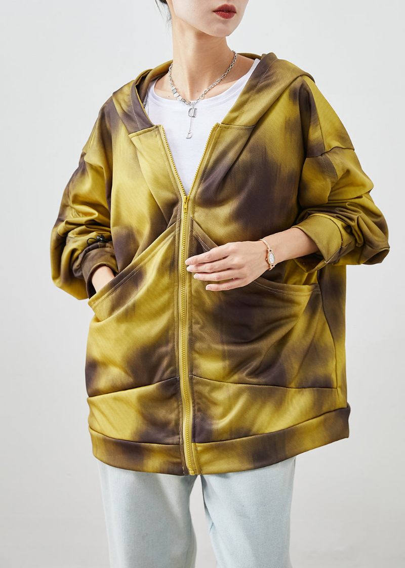 Bohemian Yellow Hooded Tie Dye Bomuldsjakker Fall - Dame vinterfrakker