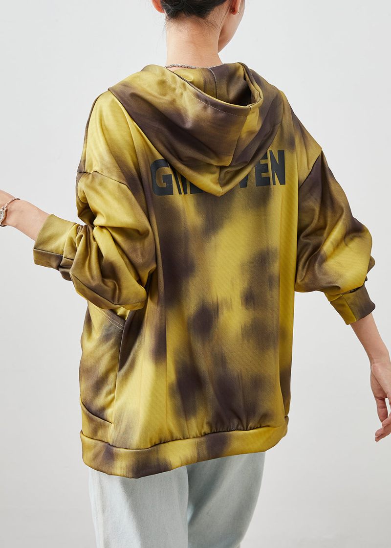 Bohemian Yellow Hooded Tie Dye Bomuldsjakker Fall - Dame vinterfrakker