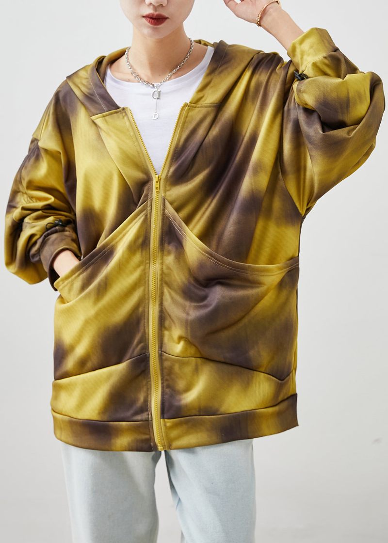 Bohemian Yellow Hooded Tie Dye Bomuldsjakker Fall - Dame vinterfrakker