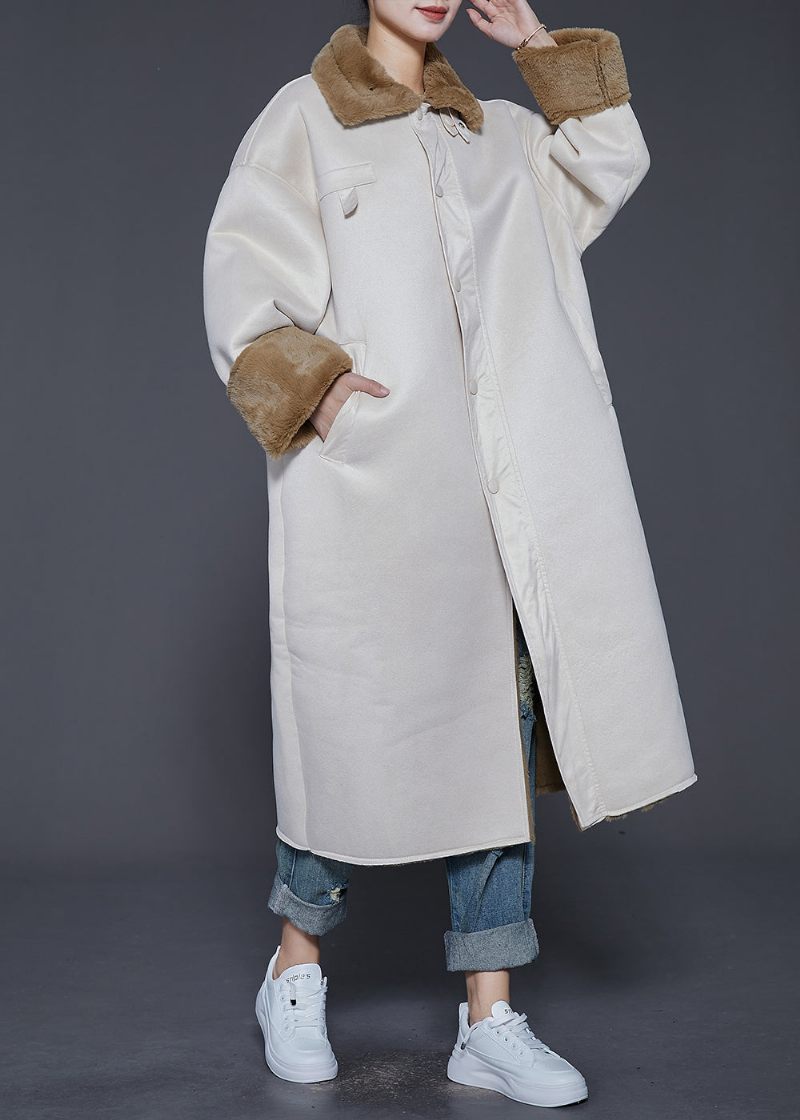 Boho Beige Oversized Tyk Varm Fleece Trench Vinter