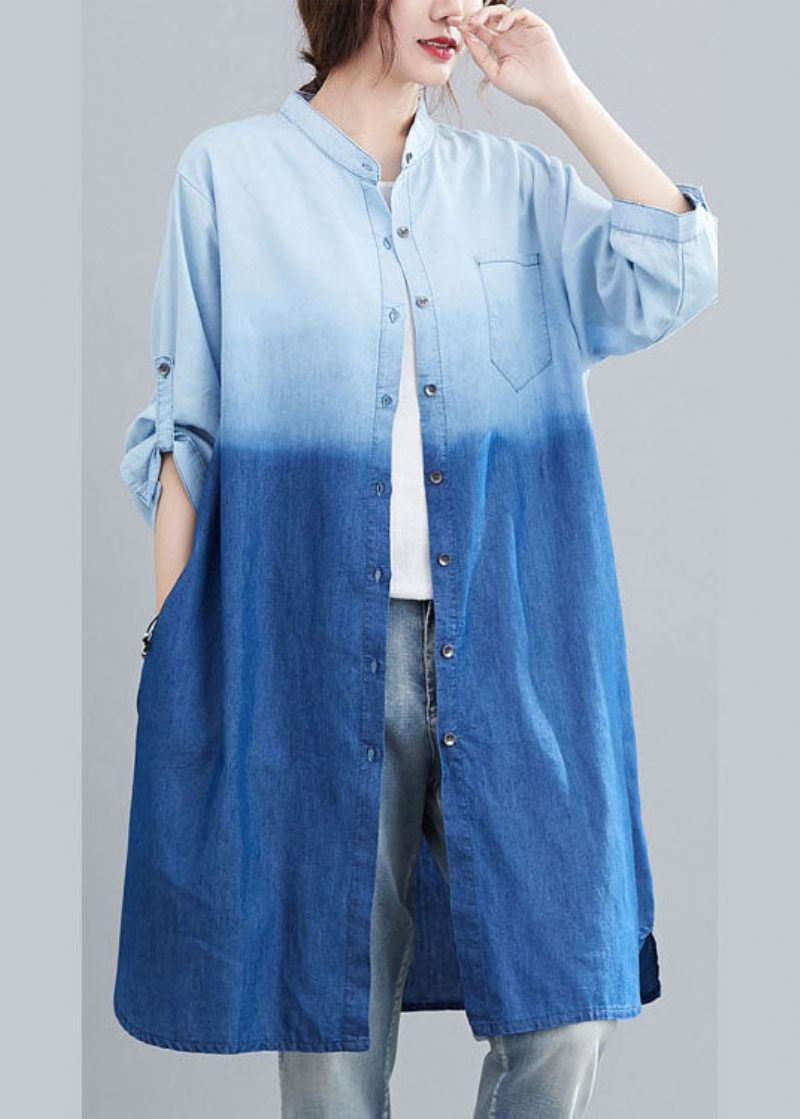 Boho Blå Lommer Knap Gradient Farve Fall Denim Trench Langærmet