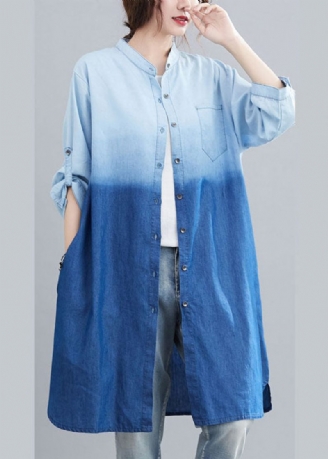 Boho Blå Lommer Knap Gradient Farve Fall Denim Trench Langærmet