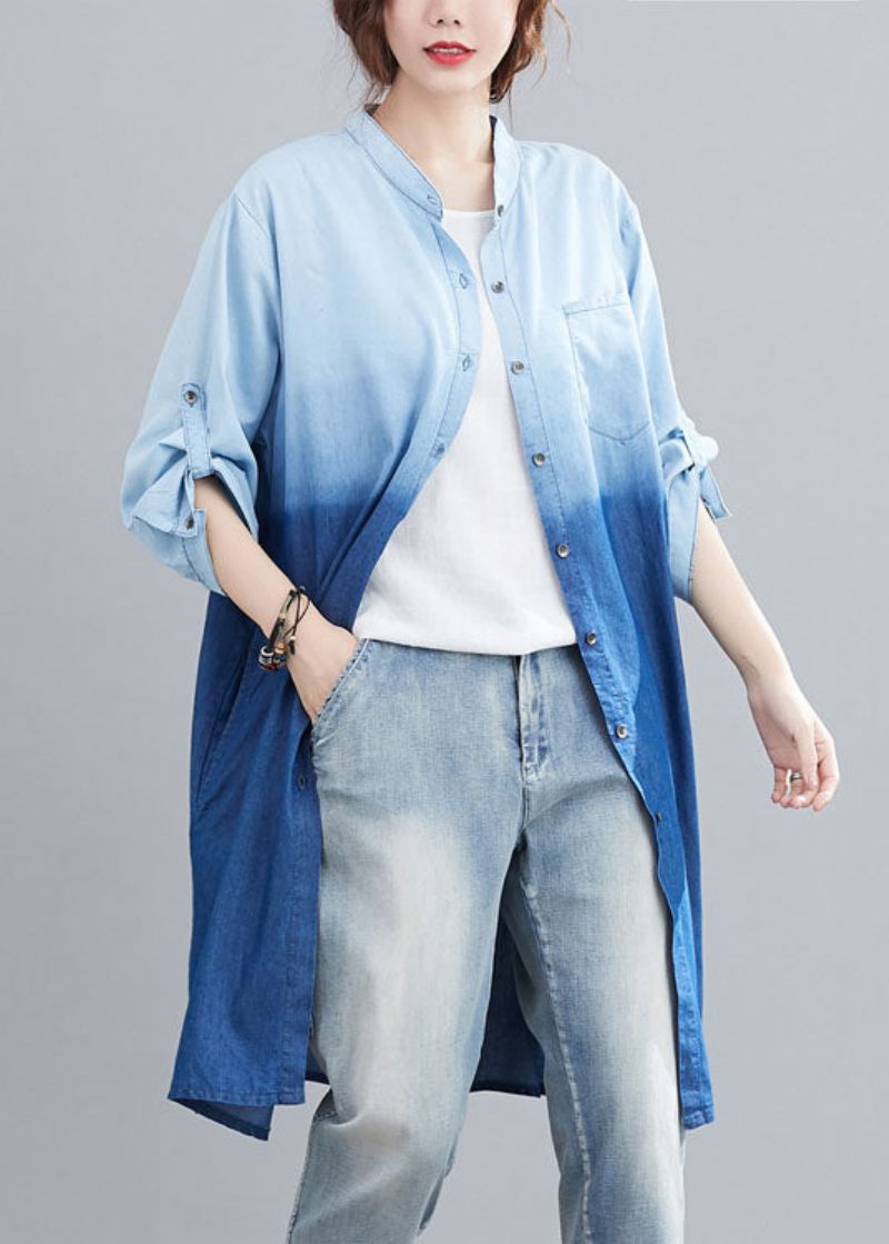 Boho Blå Lommer Knap Gradient Farve Fall Denim Trench Langærmet - Dame vinterfrakker