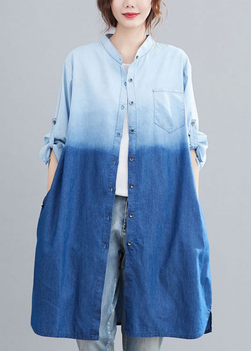 Boho Blå Lommer Knap Gradient Farve Fall Denim Trench Langærmet - Dame vinterfrakker