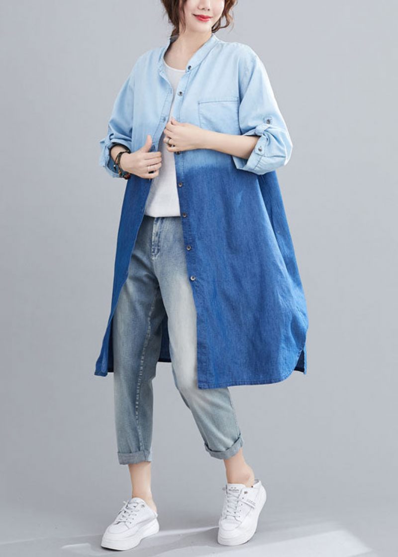 Boho Blå Lommer Knap Gradient Farve Fall Denim Trench Langærmet - Dame vinterfrakker