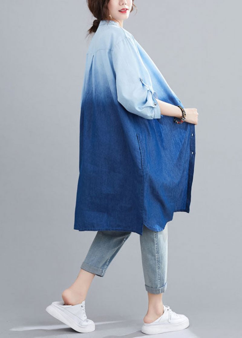 Boho Blå Lommer Knap Gradient Farve Fall Denim Trench Langærmet - Dame vinterfrakker