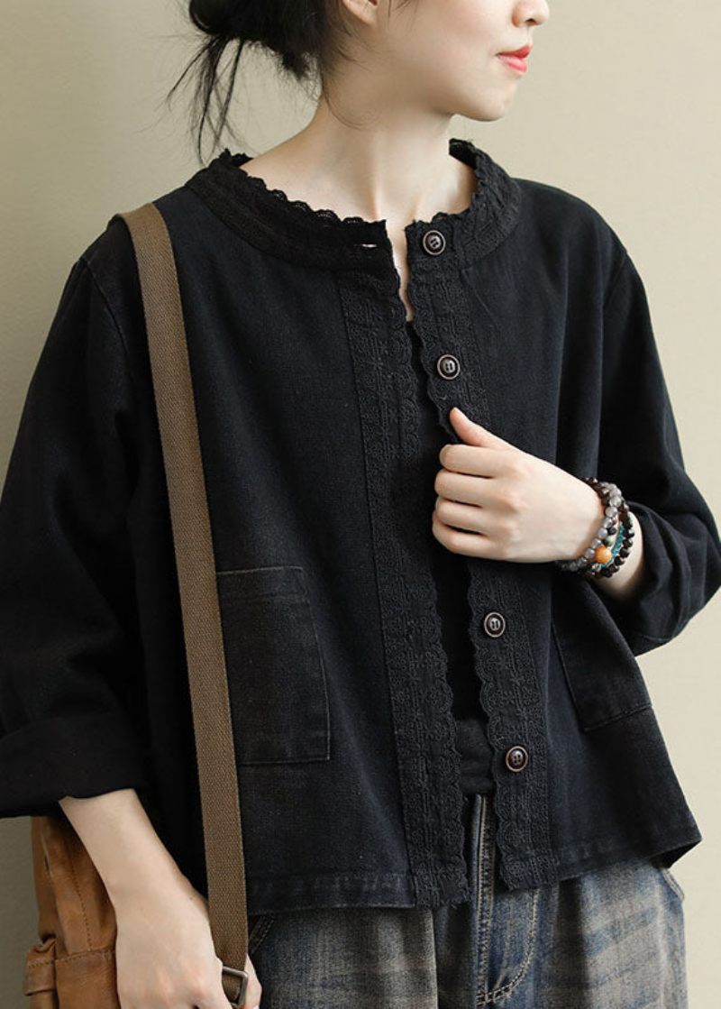 Boho Black Casual Button Brodered Fall Denim Coat - Sort