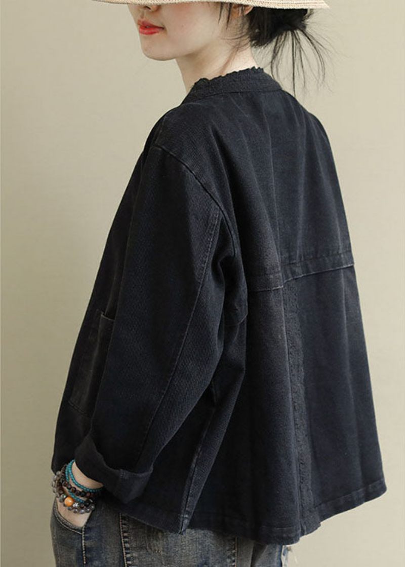 Boho Black Casual Button Brodered Fall Denim Coat - Sort