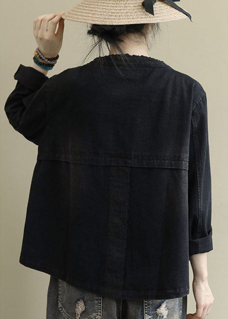 Boho Black Casual Button Brodered Fall Denim Coat - Sort