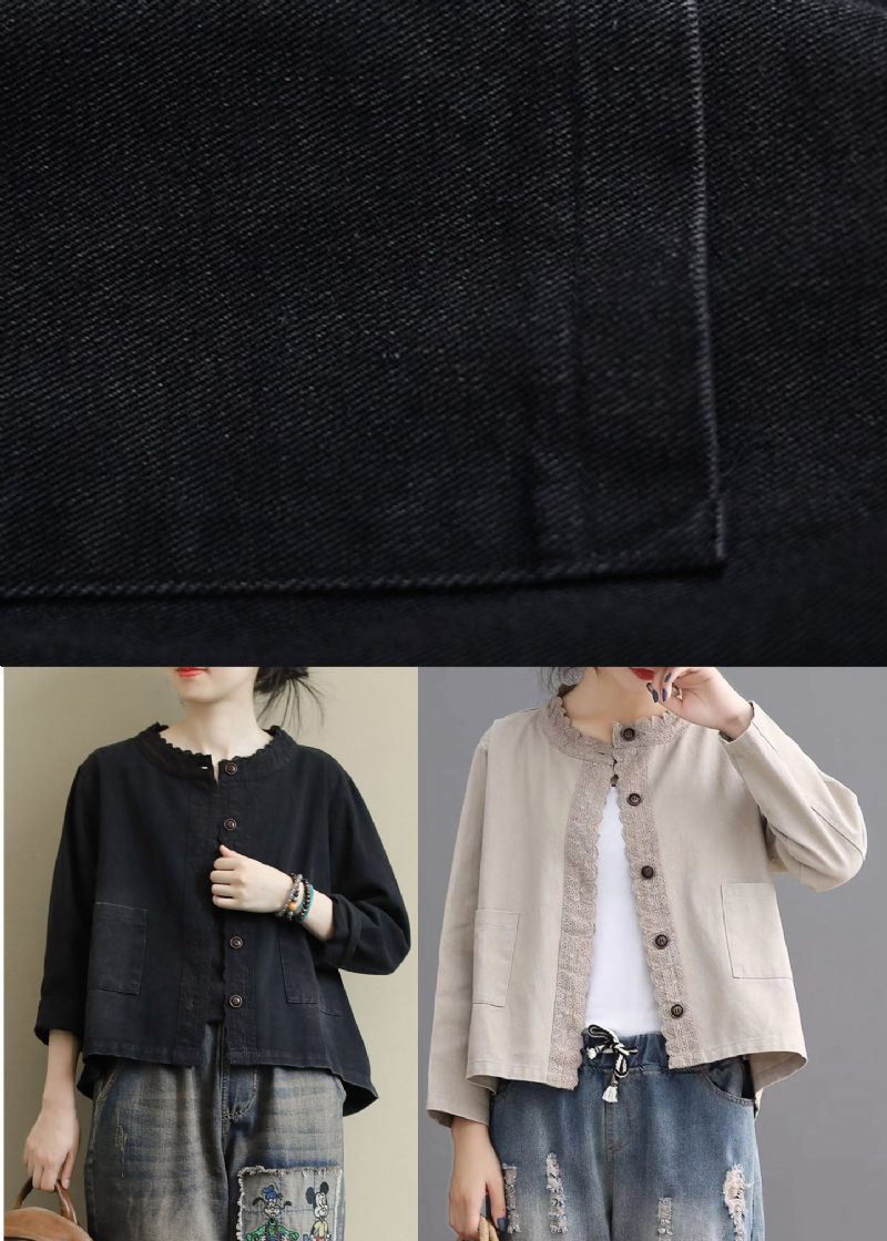 Boho Black Casual Button Brodered Fall Denim Coat - Sort