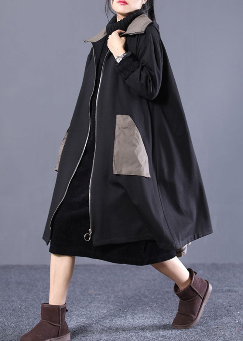 Boho Black Hooded Patchwork Cotton Coat Spring - Dame vinterfrakker