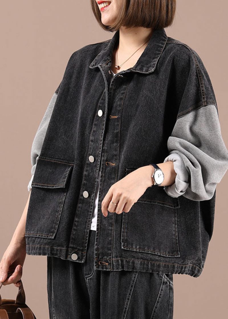 Boho Black Patchwork Lommer Fall Denim Jakker Langærmet - Sort