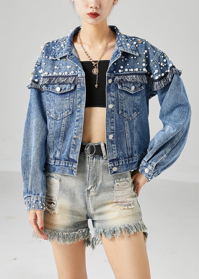 Boho Blue Oversized Patchwork Nail Bead Denim Coats Spring