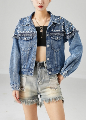 Boho Blue Oversized Patchwork Nail Bead Denim Coats Spring