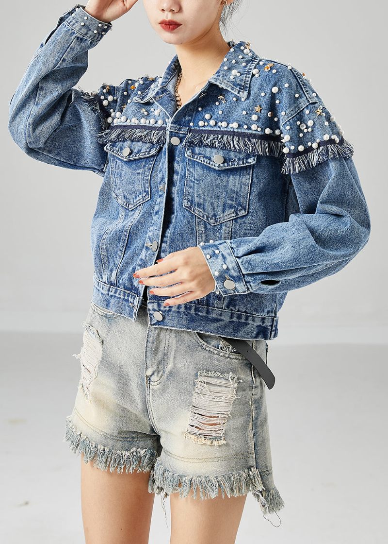 Boho Blue Oversized Patchwork Nail Bead Denim Coats Spring - Dame vinterfrakker