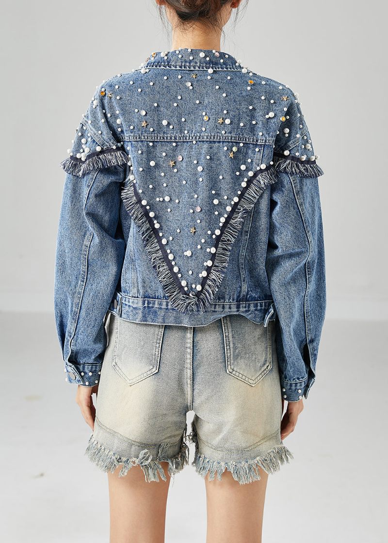 Boho Blue Oversized Patchwork Nail Bead Denim Coats Spring - Dame vinterfrakker