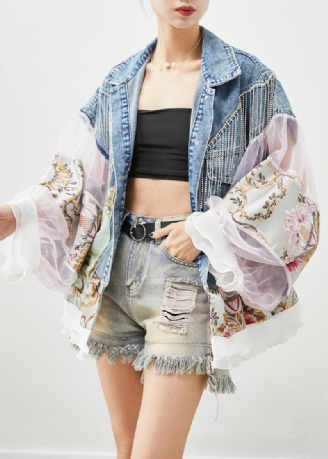 Boho Blue Tasseled Patchwork Tulle Denim Coat Lantern Sleeve