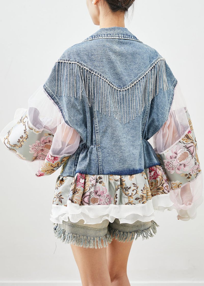 Boho Blue Tasseled Patchwork Tulle Denim Coat Lantern Sleeve - Dame vinterfrakker