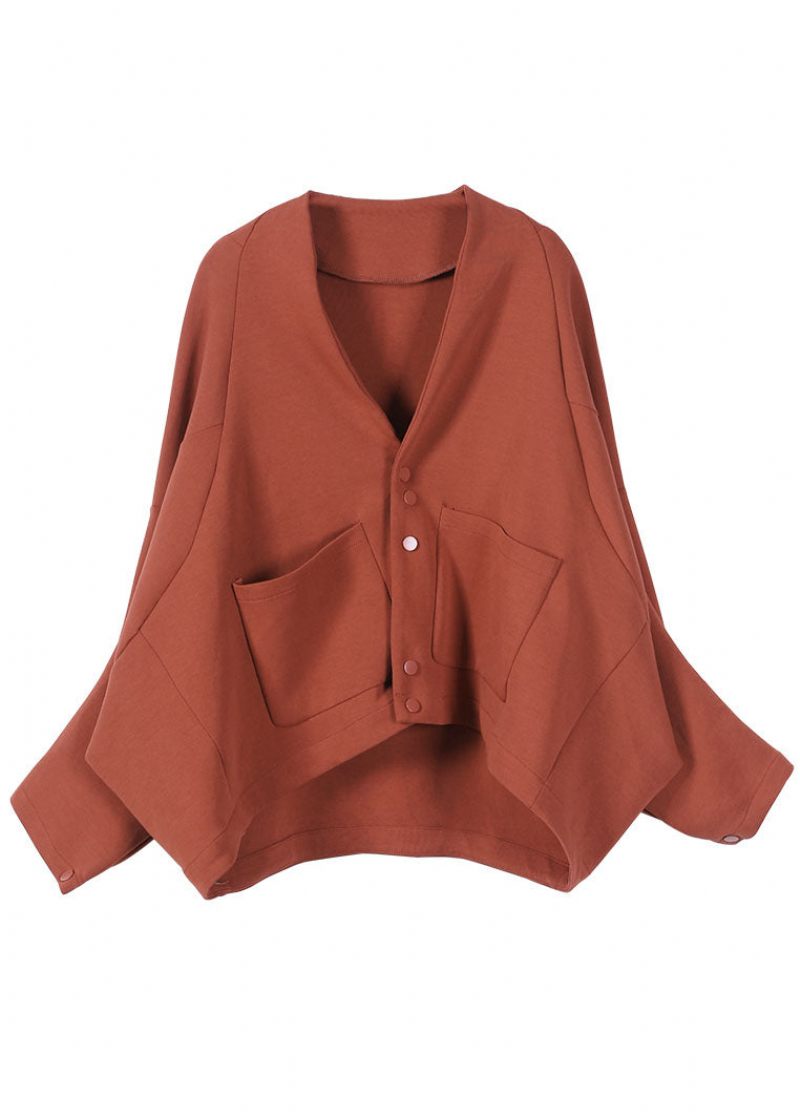 Boho Brick Red Bat Wing Sleeve Lommer Knap Fall Top - Dame vinterfrakker