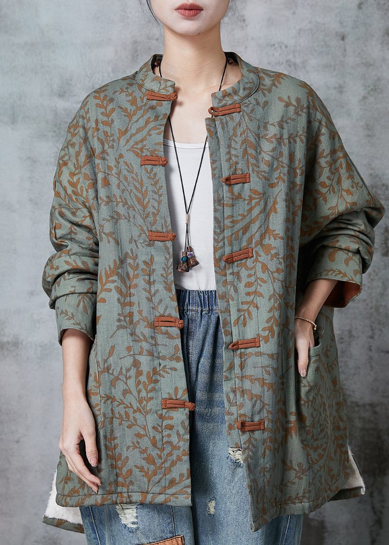 Boho Green Oversized Print Bomuld Oriental Coat Spring - Dame vinterfrakker