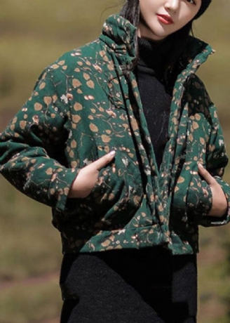 Boho Green Stand Collar Print Fine Bomuld Fyldt Parka Winter