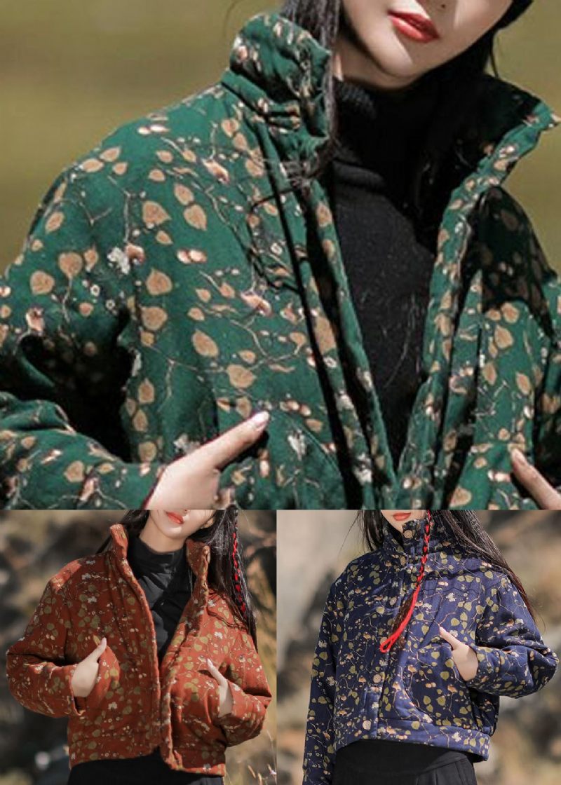 Boho Green Stand Collar Print Fine Bomuld Fyldt Parka Winter - Dame vinterfrakker