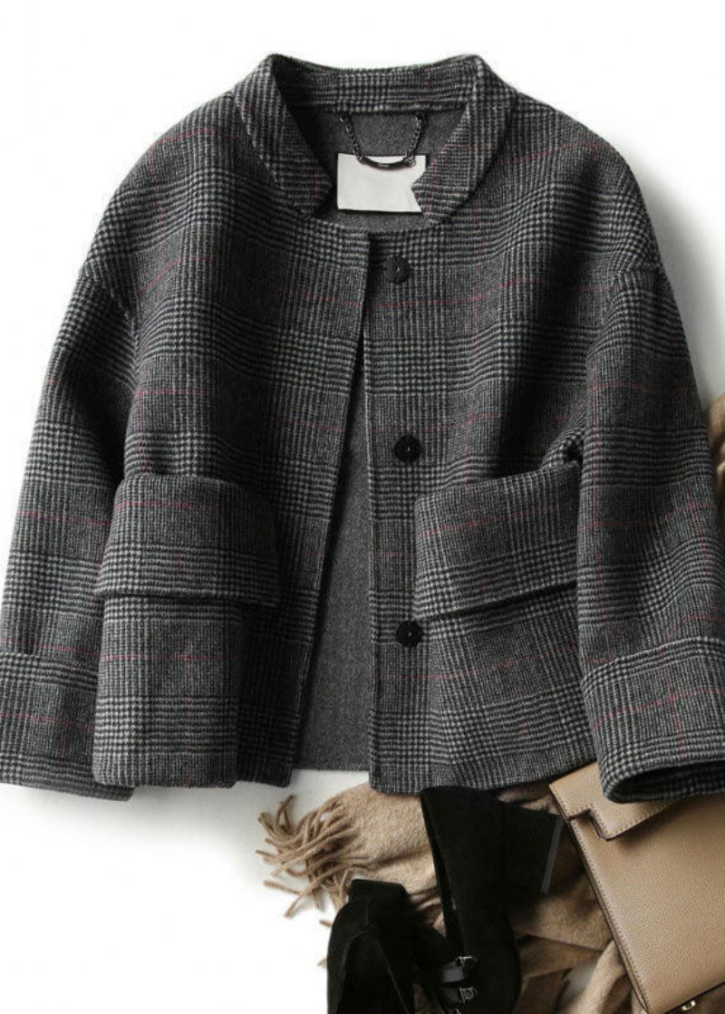 Boho Grey Plaid Retro Løse Lommer Knap Efterår Vinter Frakke - Dame vinterfrakker