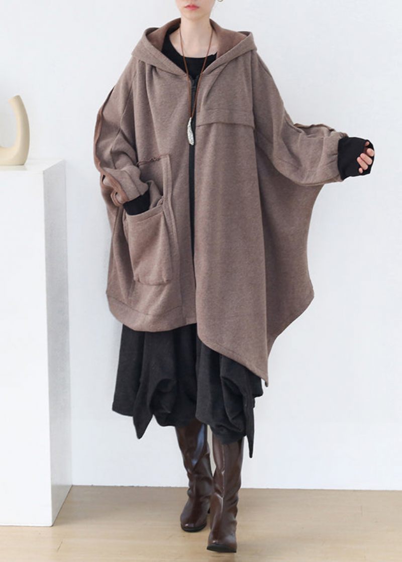 Boho Khaki Asymmetrisk Patchwork Lynlås Tykke Bomuld Hoded Frakker Fall