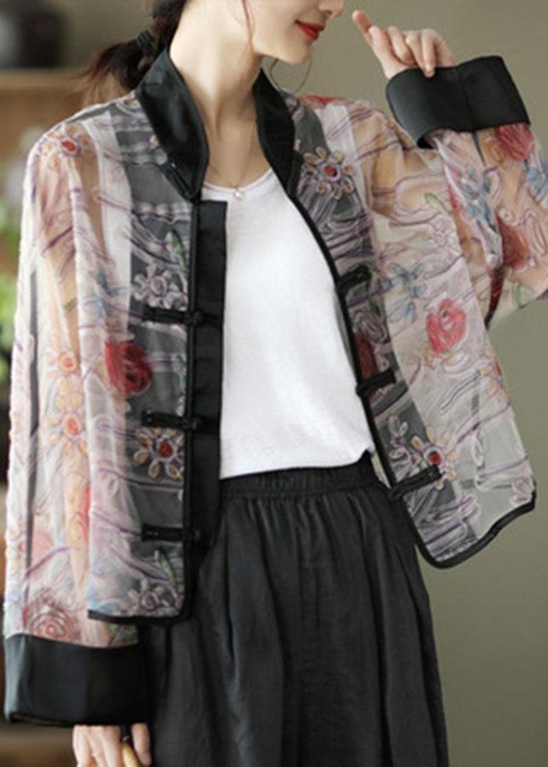 Boho Light Purple Print Tyl Organza Patchwork Oriental Coat Summer