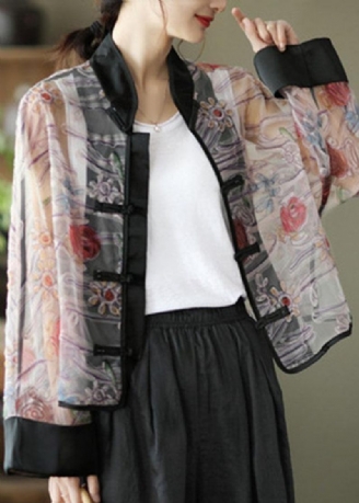 Boho Light Purple Print Tyl Organza Patchwork Oriental Coat Summer