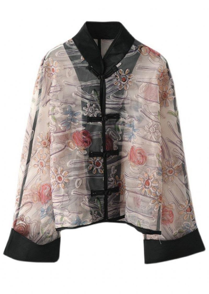 Boho Light Purple Print Tyl Organza Patchwork Oriental Coat Summer - Lys Lilla