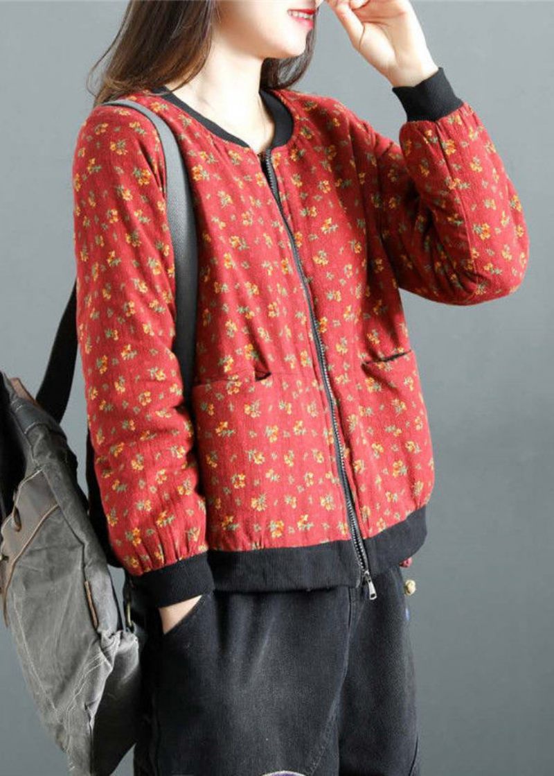 Boho Red Print Zip Up Lommer Patchwork Fine Bomuldsfyldte Witner-frakker