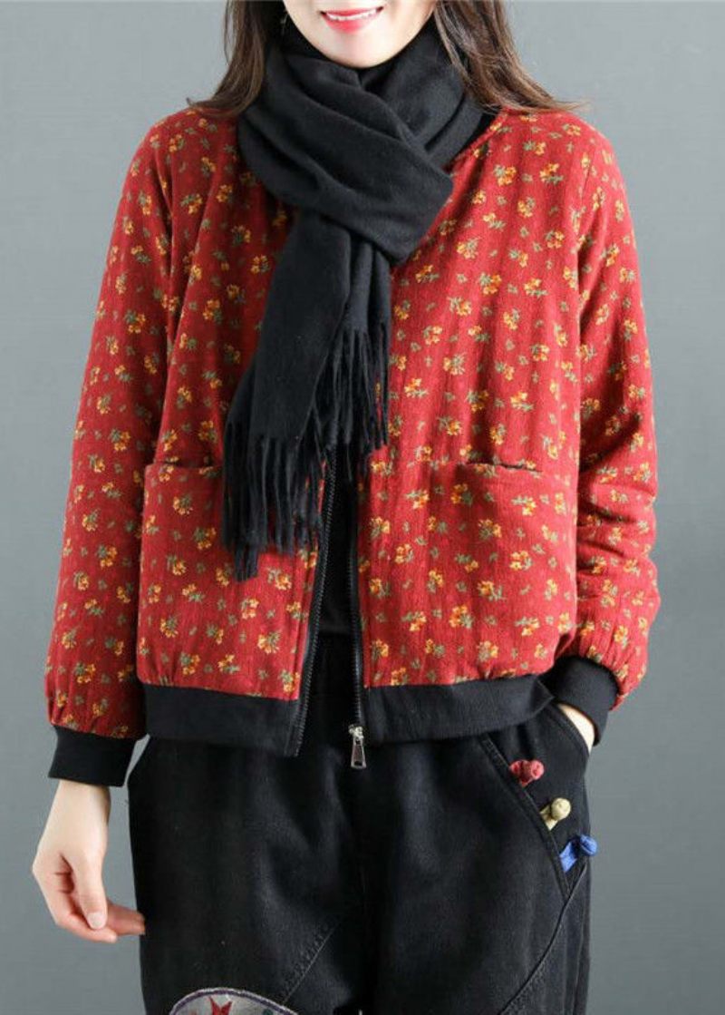 Boho Red Print Zip Up Lommer Patchwork Fine Bomuldsfyldte Witner-frakker - Dame vinterfrakker