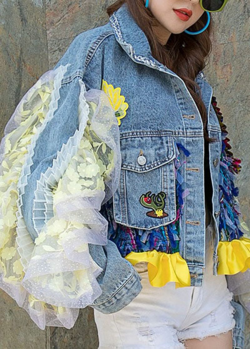 Boutique Blå Flæsede Lommer Blomsterdekoreret Patchwork Denim Kort Frakke Spring - Dame vinterfrakker