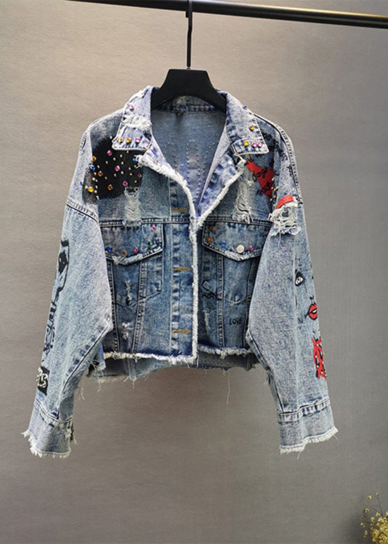 Boutique Blå Peter Pan Krave Grafisk Print Patchwork Negleperle Knap Denim Frakke Fjeder