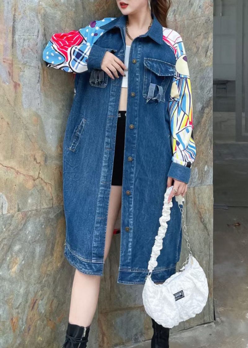 Boutique Blå Peter Pan Krave Lommer Print Patchwork Lang Denim Frakke Fjeder - Dame vinterfrakker