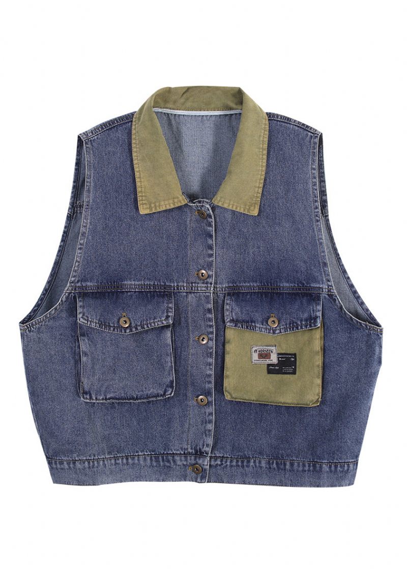 Boutique Blå Peter Pan Krave Patchwork Print Denim Vest Efterår - Dame vinterfrakker