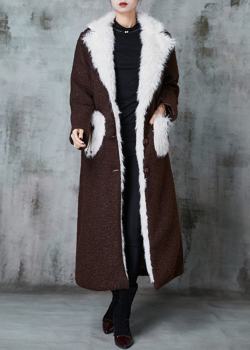 Boutique Chokolade Patchwork Lommer Fleece Uld Foret Trench Winter - Dame vinterfrakker