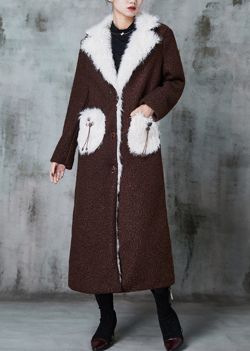 Boutique Chokolade Patchwork Lommer Fleece Uld Foret Trench Winter - Dame vinterfrakker