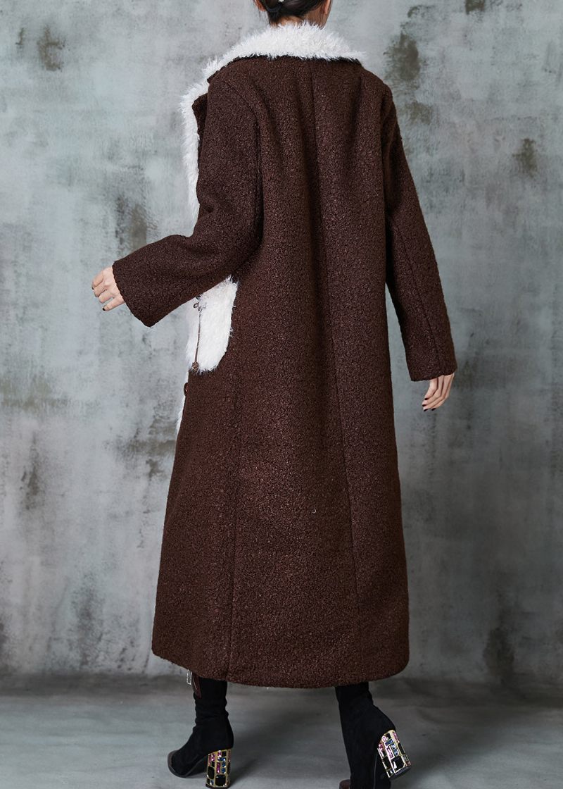 Boutique Chokolade Patchwork Lommer Fleece Uld Foret Trench Winter - Dame vinterfrakker