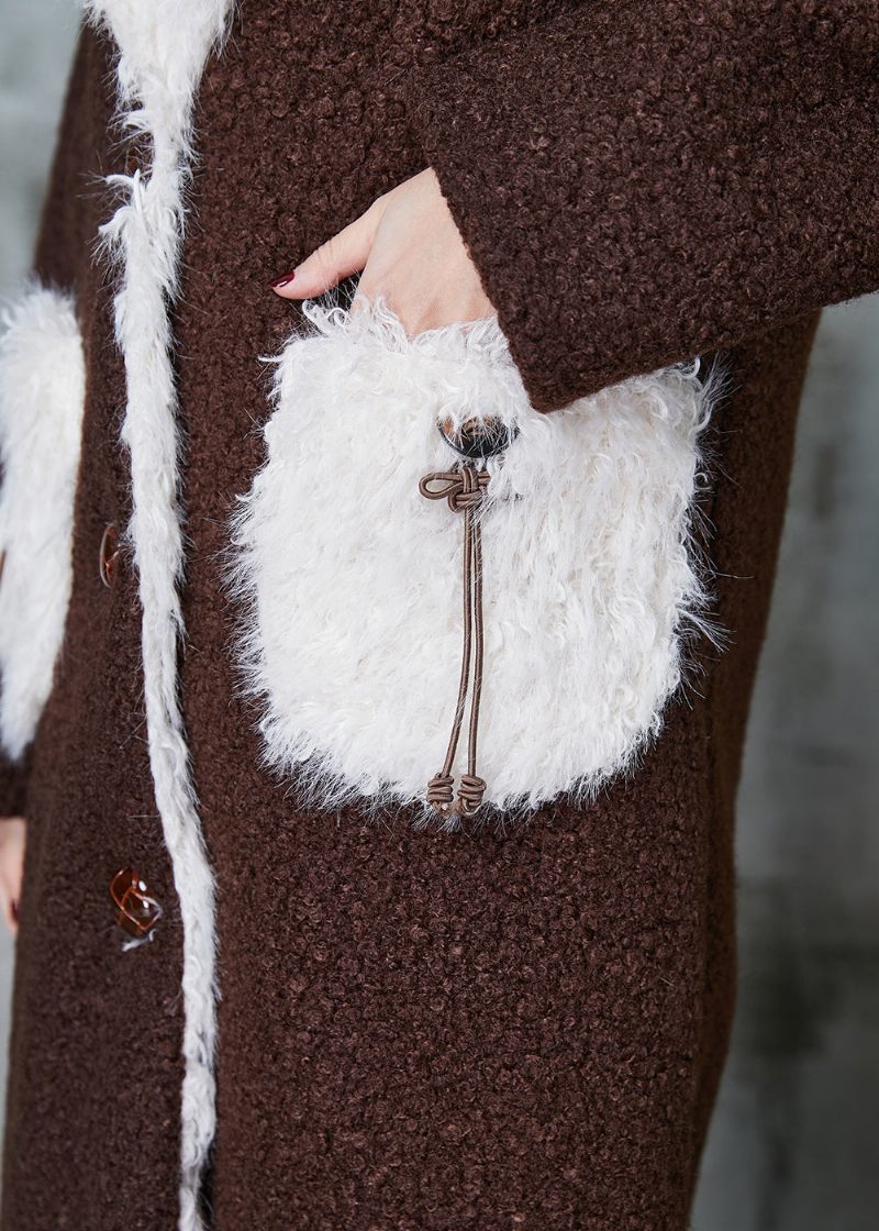 Boutique Chokolade Patchwork Lommer Fleece Uld Foret Trench Winter - Dame vinterfrakker