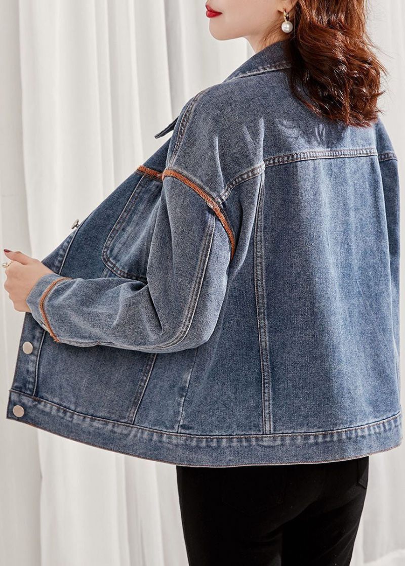 Boutique Denim Blå Peter Pan Krave Patchwork Lommer Bomuldsjakke Spring - Dame vinterfrakker