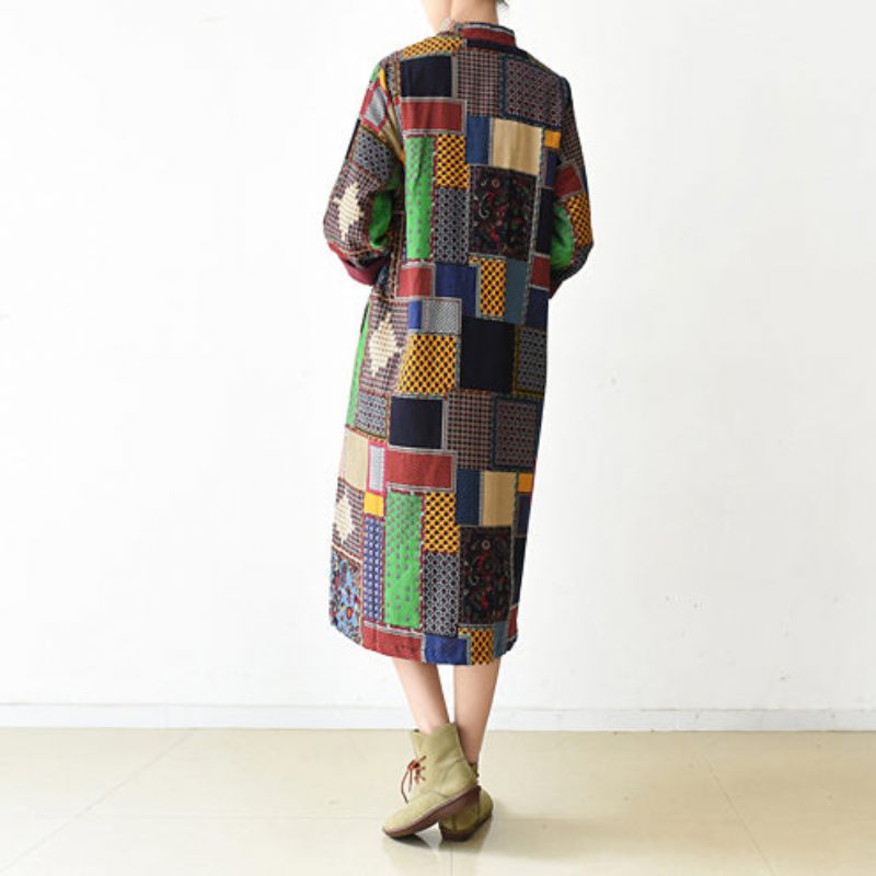 Boutique Flerfarvet Patchwork Frakke Plus Str. O Hals Cardigans Batwing Ærmer Lange Jakker - Dame vinterfrakker